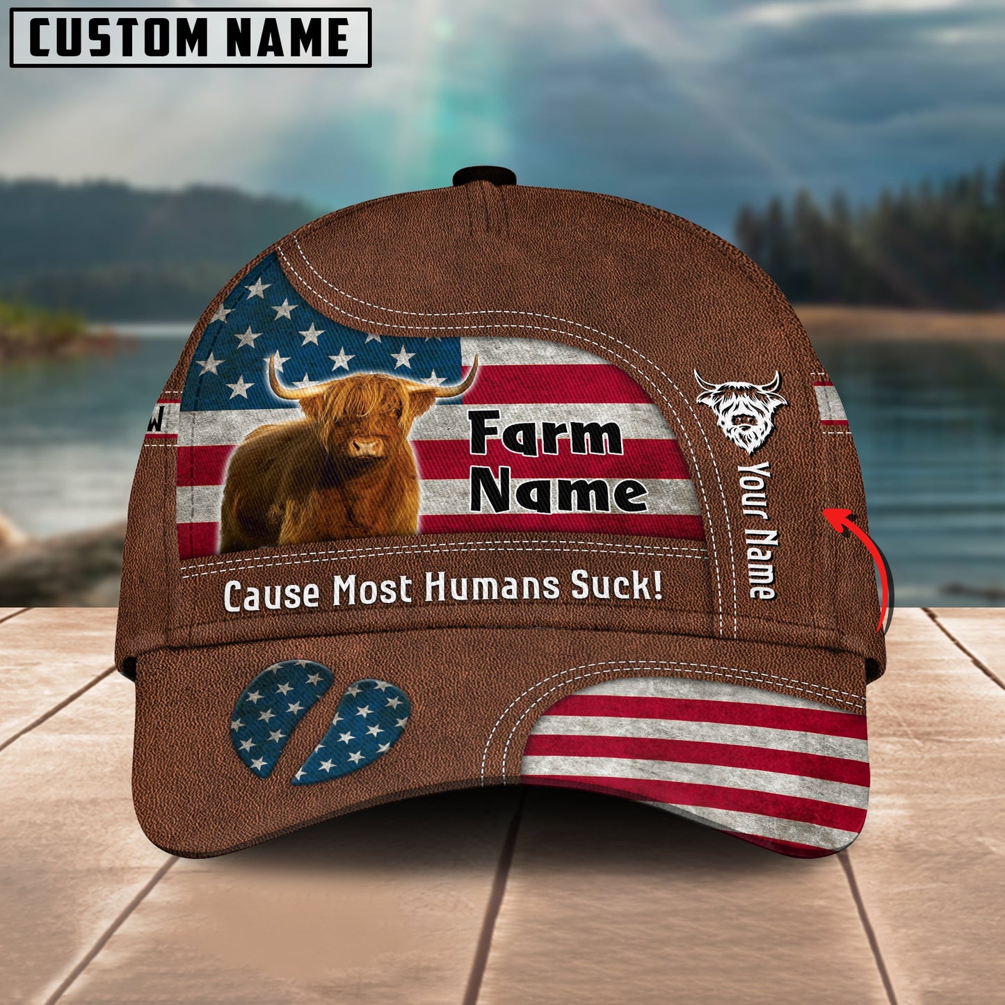 Gorustics Highland US Flag Customized Name And Farm Name Cap