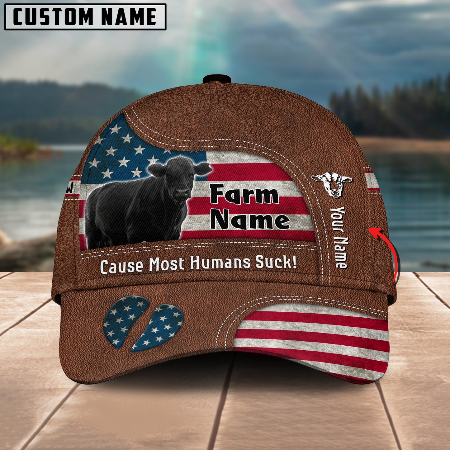 Gorustics Black Angus US Flag Customized Name And Farm Name Cap