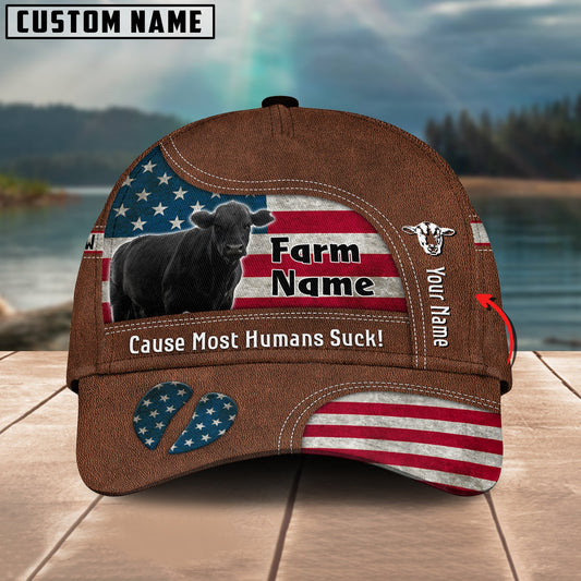 Gorustics Black Angus US Flag Customized Name And Farm Name Cap