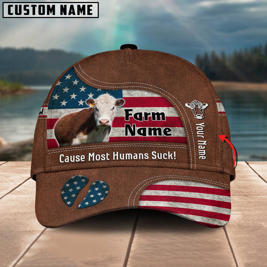 Gorustics Hereford US Flag Customized Name And Farm Name Cap