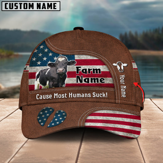 Gorustics Holstein US Flag Customized Name And Farm Name Cap