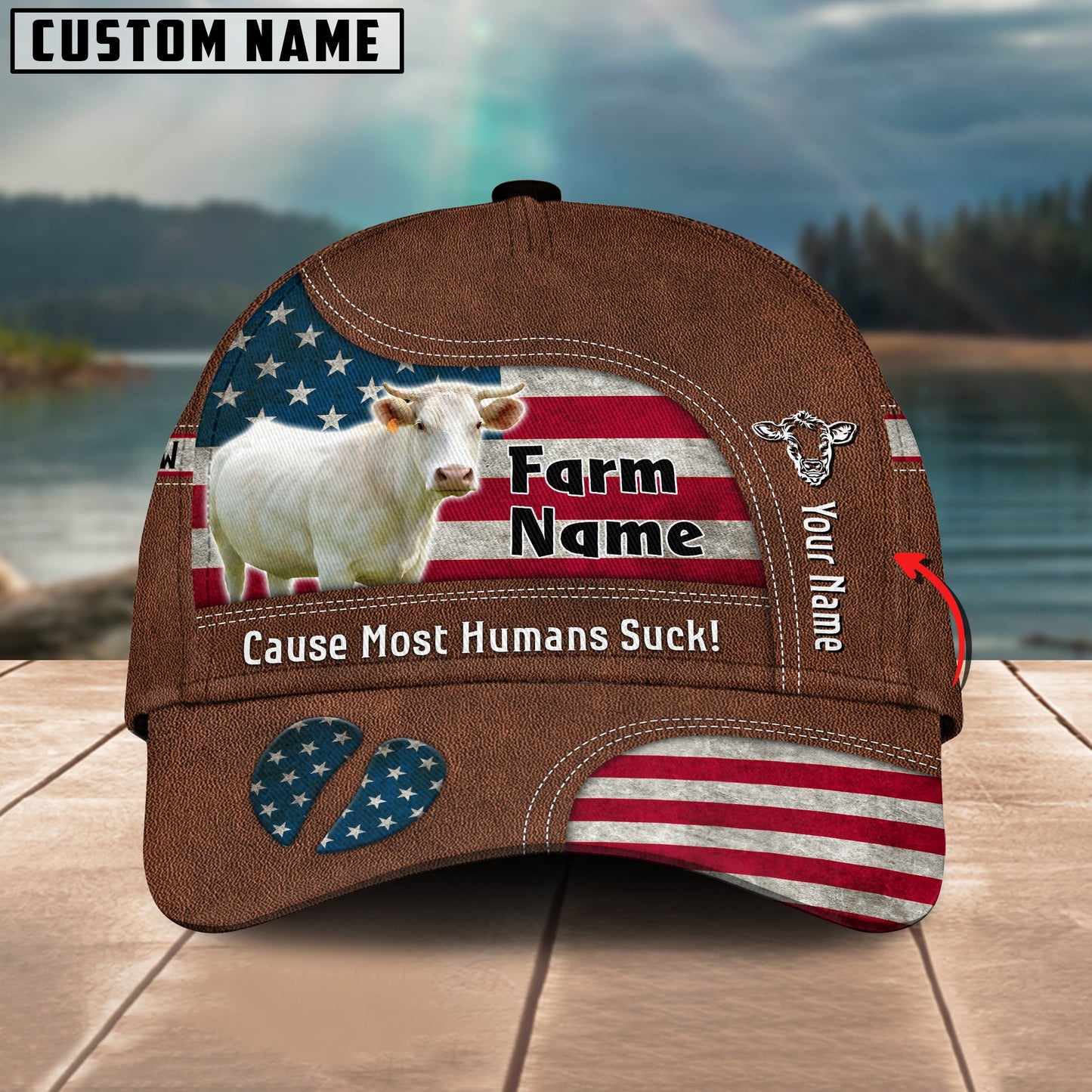 Gorustics Charolais US Flag Customized Name And Farm Name Cap