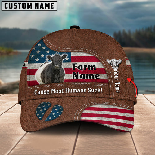 Gorustics Belted Galloway US Flag Customized Name And Farm Name Cap