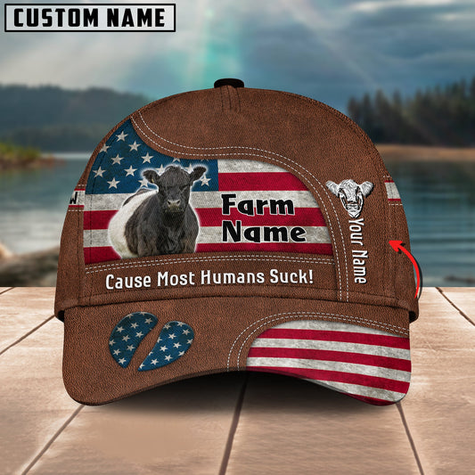 Gorustics Belted Galloway US Flag Customized Name And Farm Name Cap