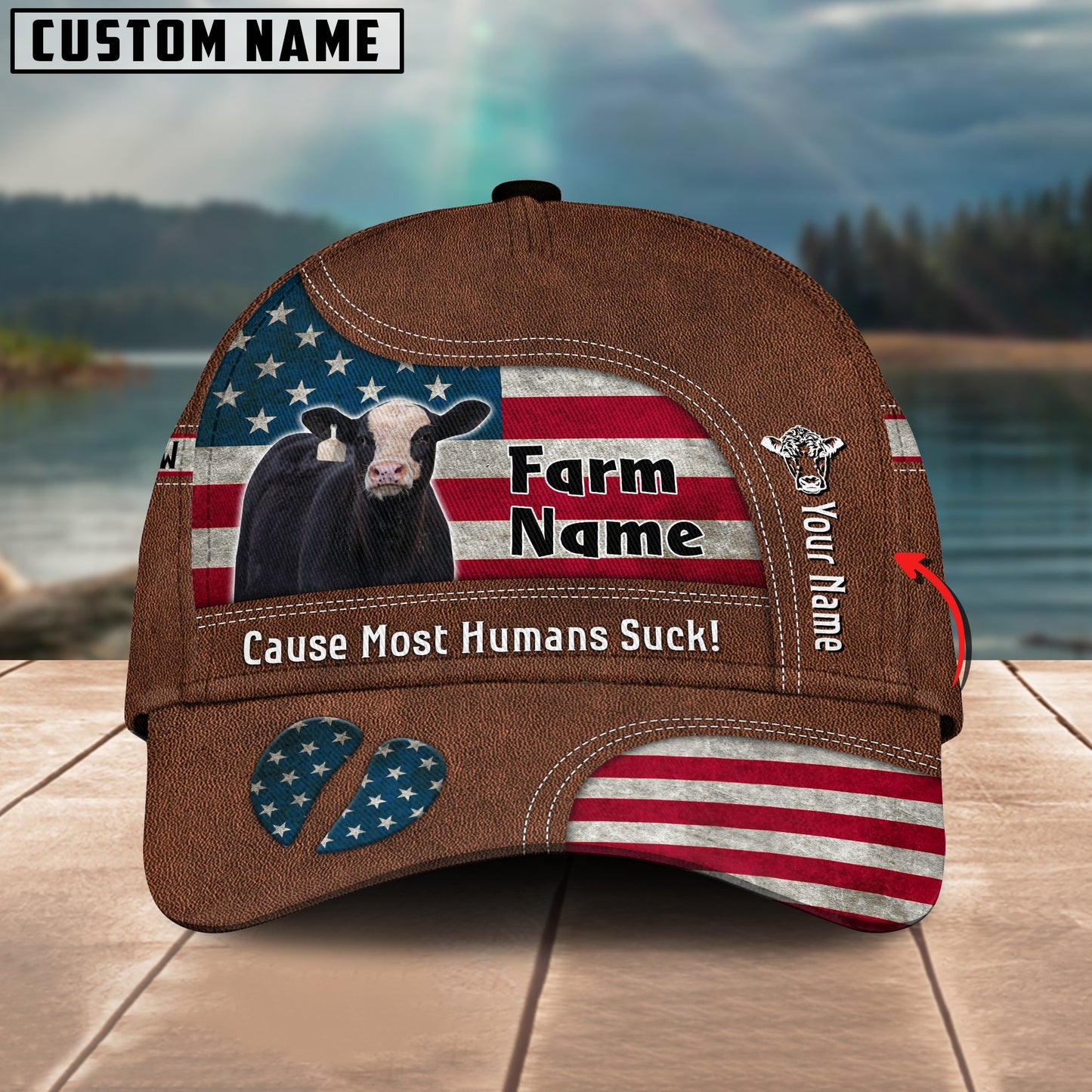 Gorustics Black Hereford US Flag Customized Name And Farm Name Cap