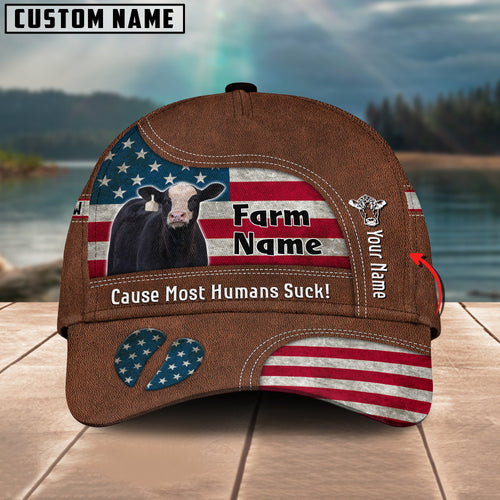 Gorustics Black Hereford US Flag Customized Name And Farm Name Cap