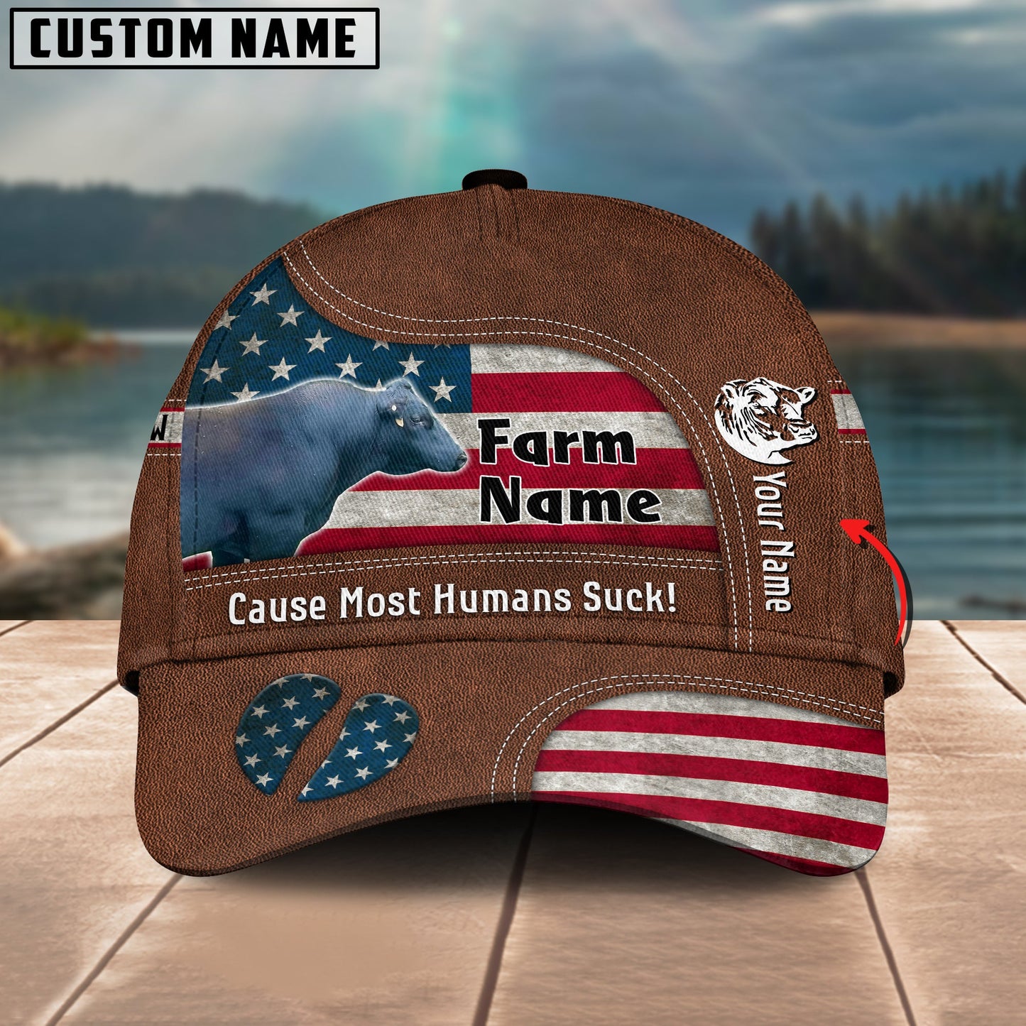 Gorustics Black Gelbvieh Bull US Flag Customized Name And Farm Name Cap