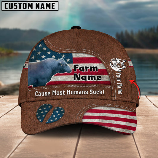 Gorustics Black Gelbvieh Bull US Flag Customized Name And Farm Name Cap