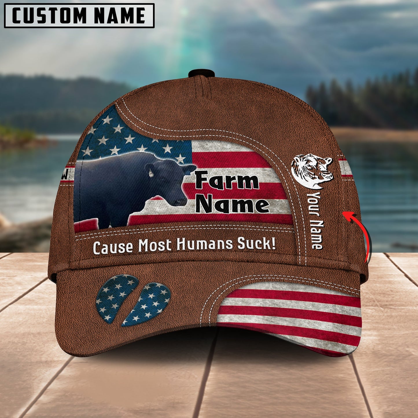Gorustics Black Gelbvieh Bull US Flag Customized Name And Farm Name Cap