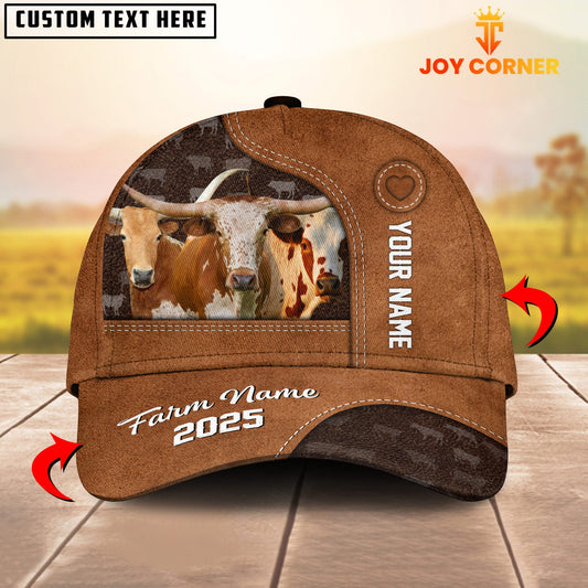 Gorustics Custom Name And Farm Name Texas Longhorn Brown Leather Pattern 3D Classic Cap