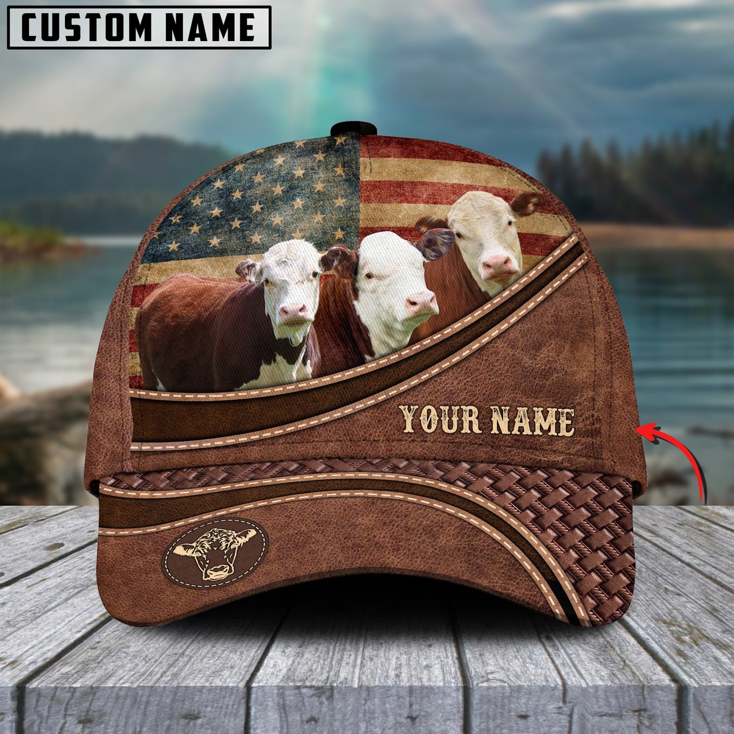 Gorustics Hereford Cattle US Flag Personalized Name Brown Carving Leather Pattern 3D Classic Cap