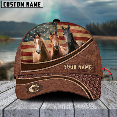 Gorustics Horse Cattle US Flag Personalized Name Brown Carving Leather Pattern 3D Classic Cap