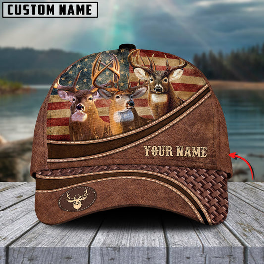 Gorustics Deer US Flag Personalized Name Brown Carving Leather Pattern 3D Classic Cap