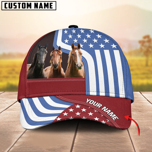 Gorustics Custom Name Horse US Flag Proud 3D Classic Cap