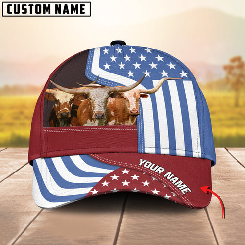 Gorustics Custom Name Texas Longhorn US Flag Proud 3D Classic Cap