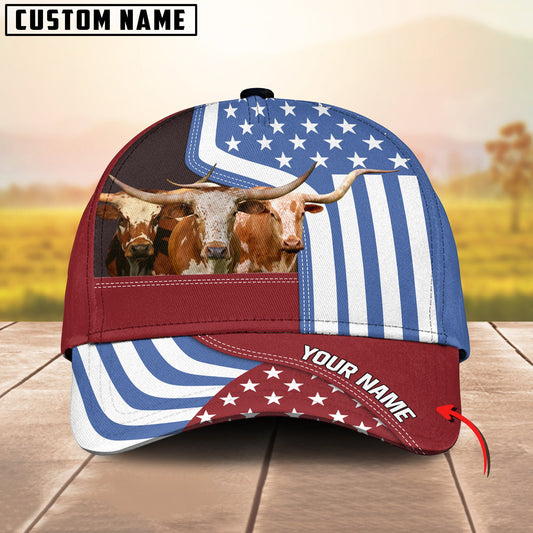 Gorustics Custom Name Texas Longhorn US Flag Proud 3D Classic Cap