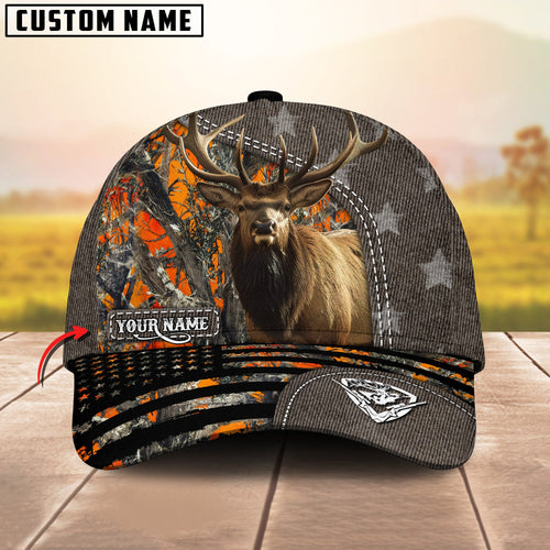 Gorustics Elk Hunting Customized Name US Flag 3D Classic Cap