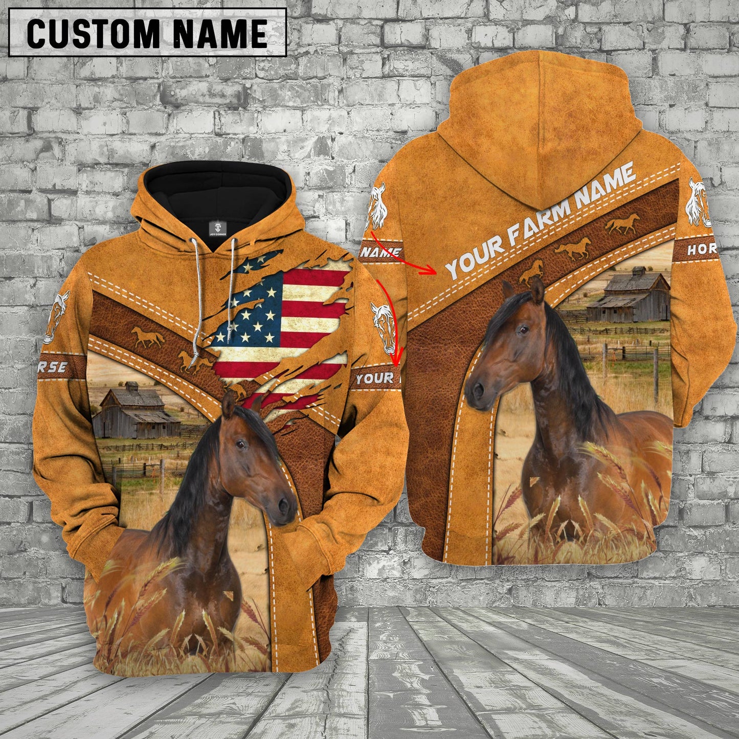 Gorustics Personalized Name 3D Horse Flag Hoodie