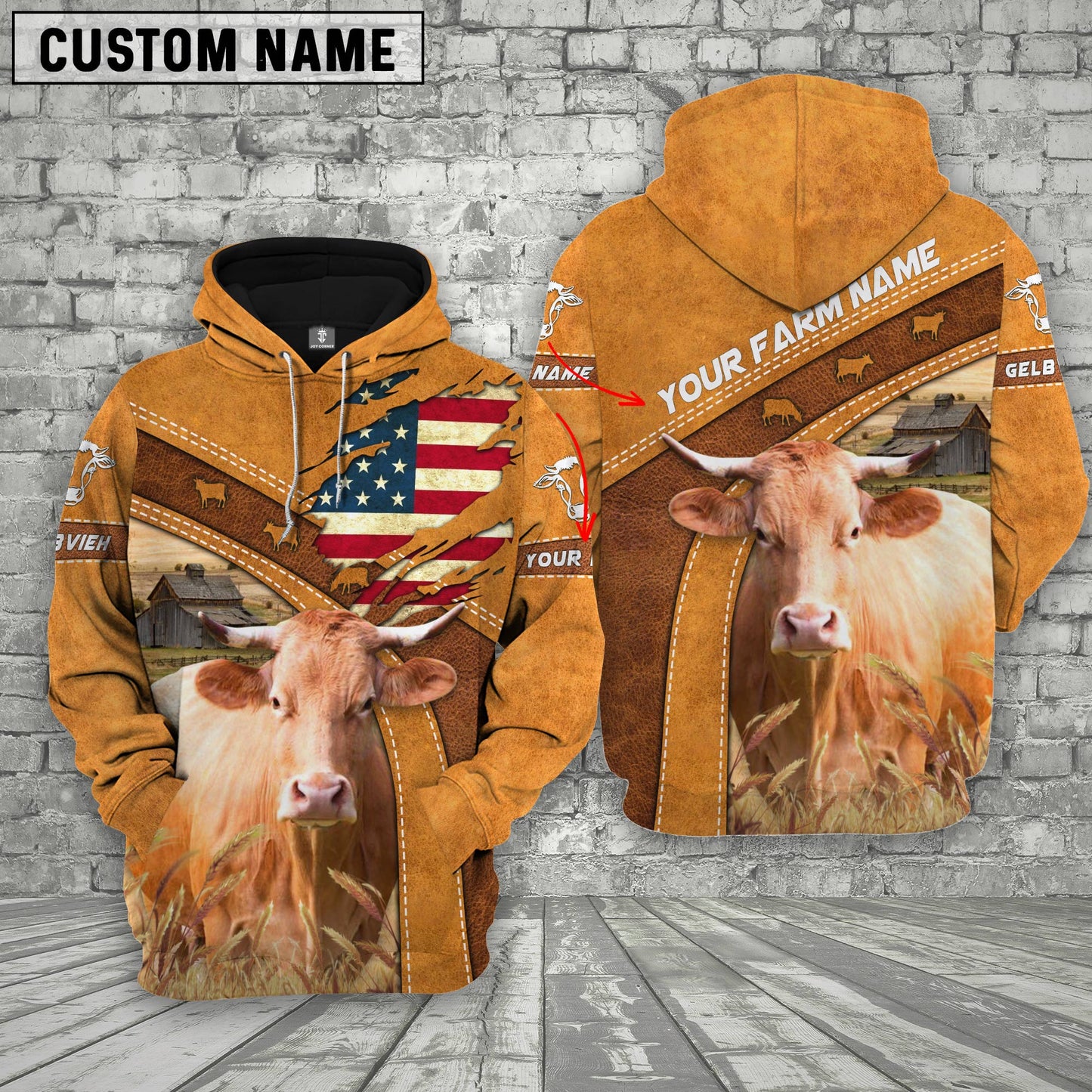Gorustics Personalized Name 3D Gelbvieh Flag Hoodie