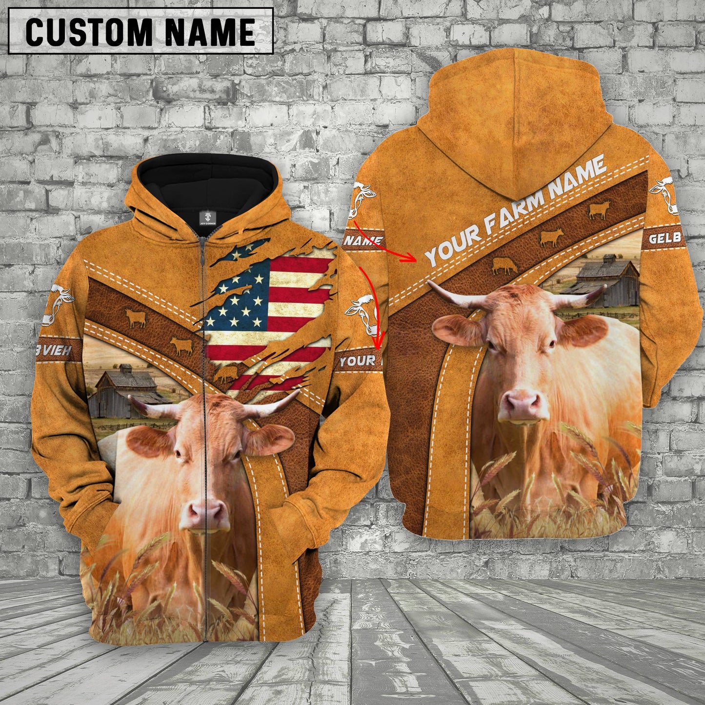 Gorustics Personalized Name 3D Gelbvieh Flag Hoodie