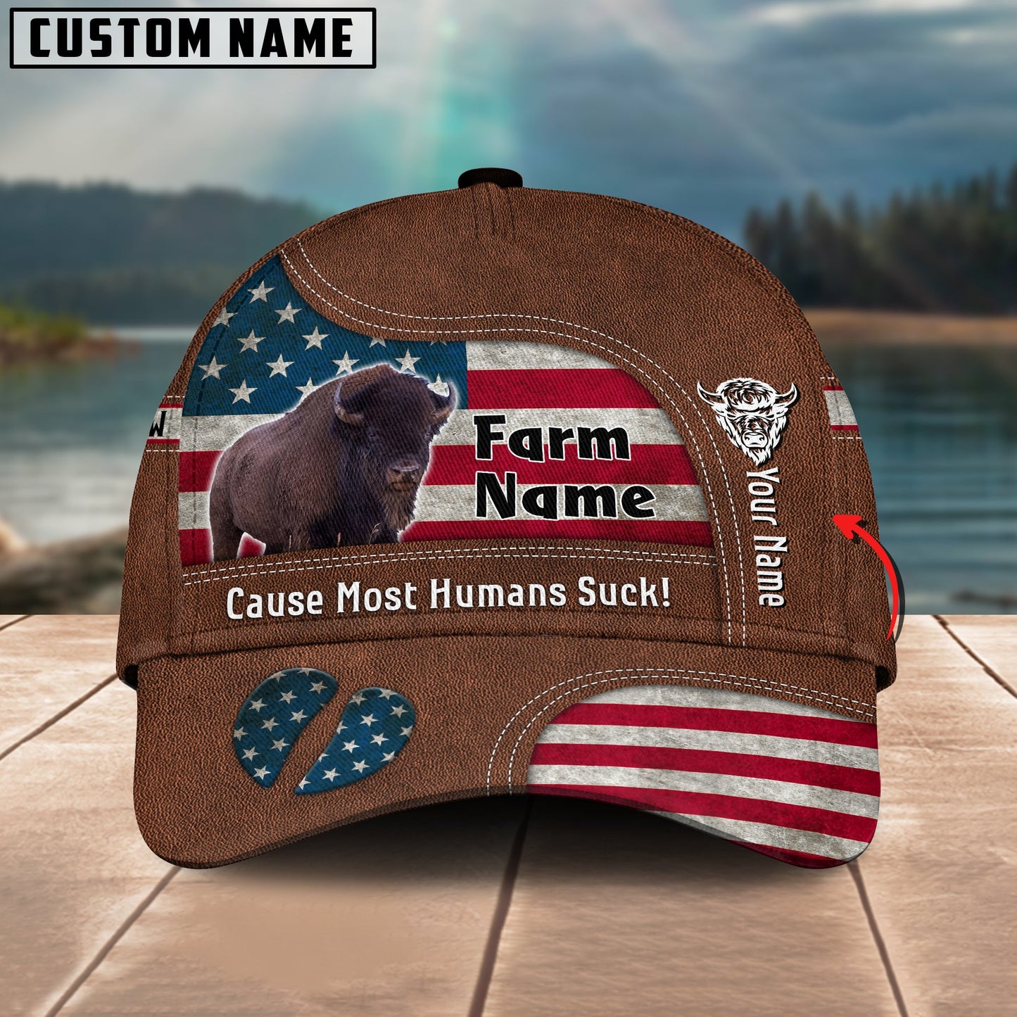 Gorustics Bison US Flag Customized Name And Farm Name Cap