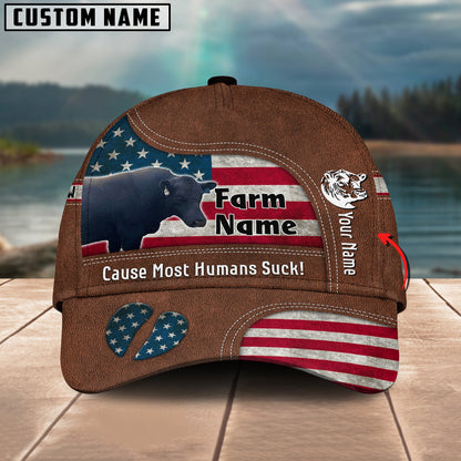 Gorustics Black Gelbvieh Bull US Flag Customized Name And Farm Name Cap