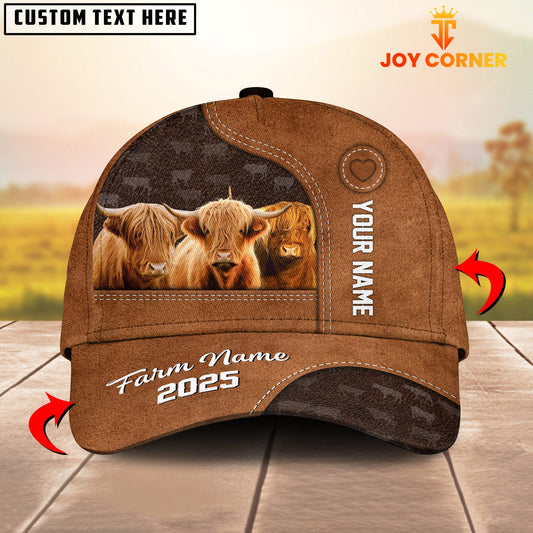 Gorustics Custom Name And Farm Name Highland Catlle Brown Leather Pattern 3D Classic Cap