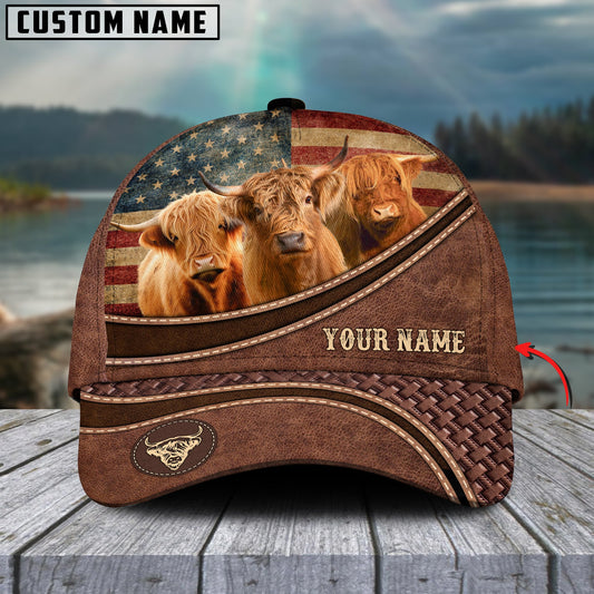 Gorustics Highland Cattle US Flag Personalized Name Brown Carving Leather Pattern 3D Classic Cap
