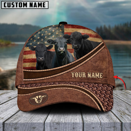 Gorustics Black Angus US Flag Personalized Name Brown Carving Leather Pattern 3D Classic Cap