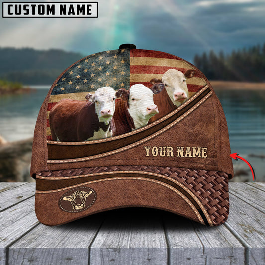 Gorustics Hereford Cattle US Flag Personalized Name Brown Carving Leather Pattern 3D Classic Cap