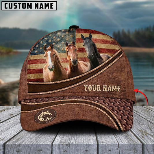 Gorustics Horse Cattle US Flag Personalized Name Brown Carving Leather Pattern 3D Classic Cap