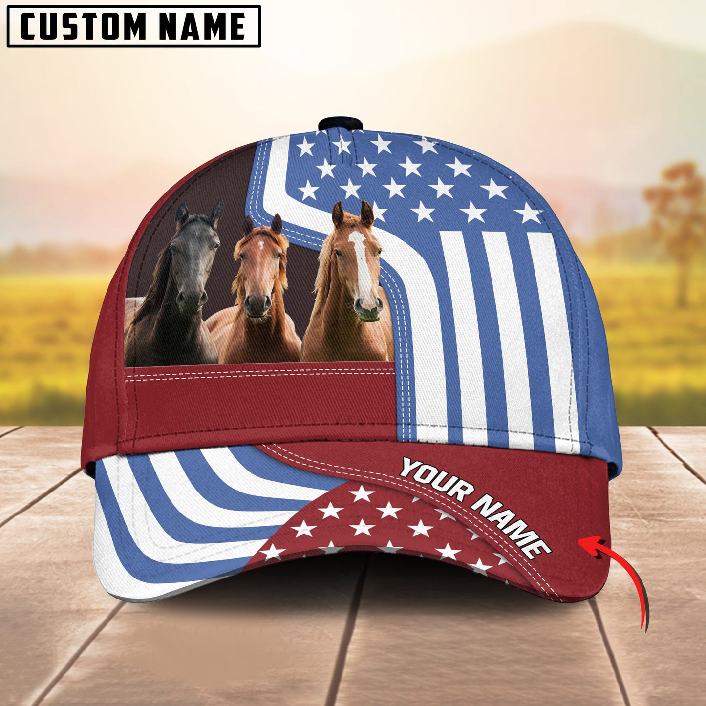Gorustics Custom Name Horse US Flag Proud 3D Classic Cap