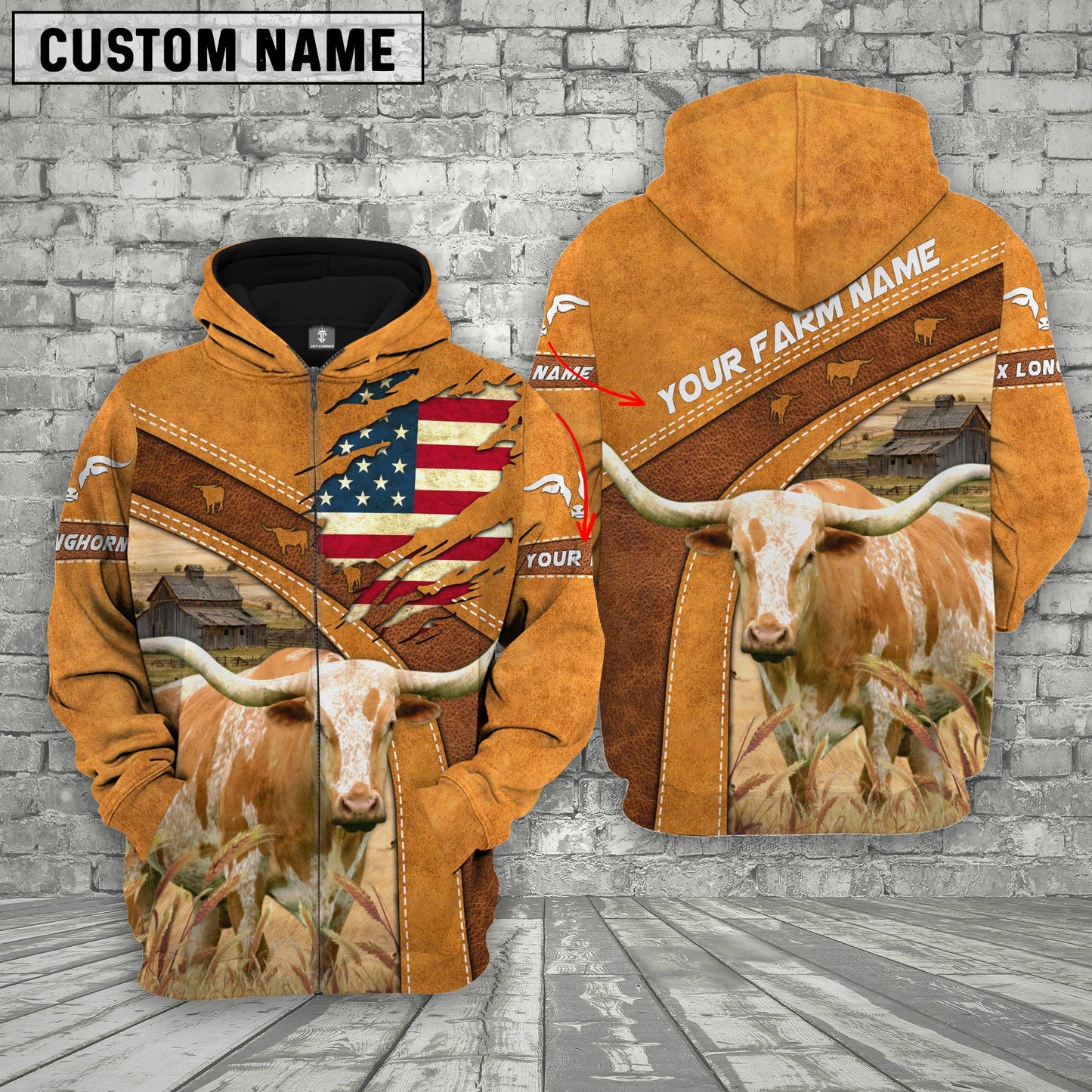 Gorustics Personalized Name 3D Texas Longhorn Flag Hoodie