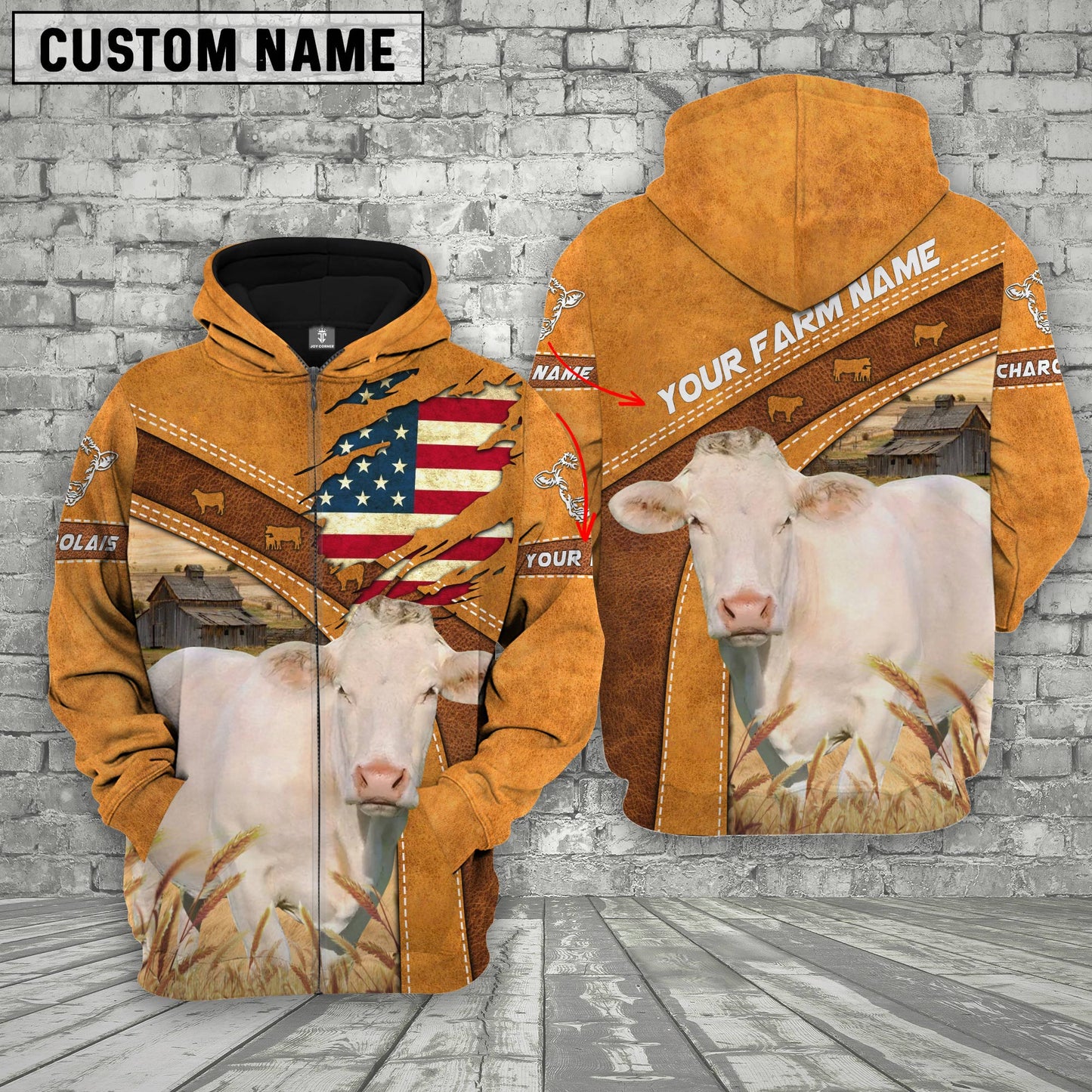 Gorustics Personalized Name 3D Charolais Flag Hoodie