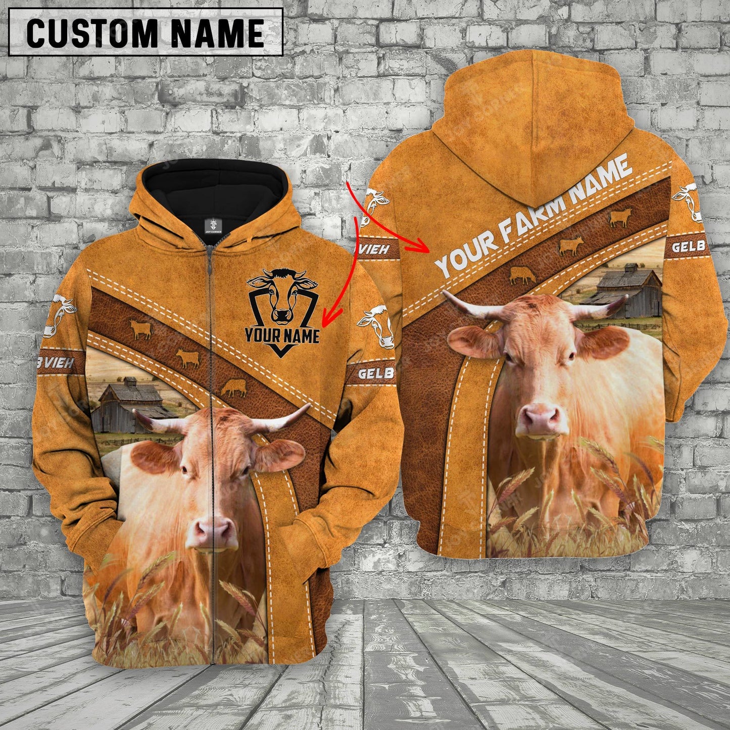 Gorustics Gelbvieh 3D Customized Name - Farm Name Hoodie